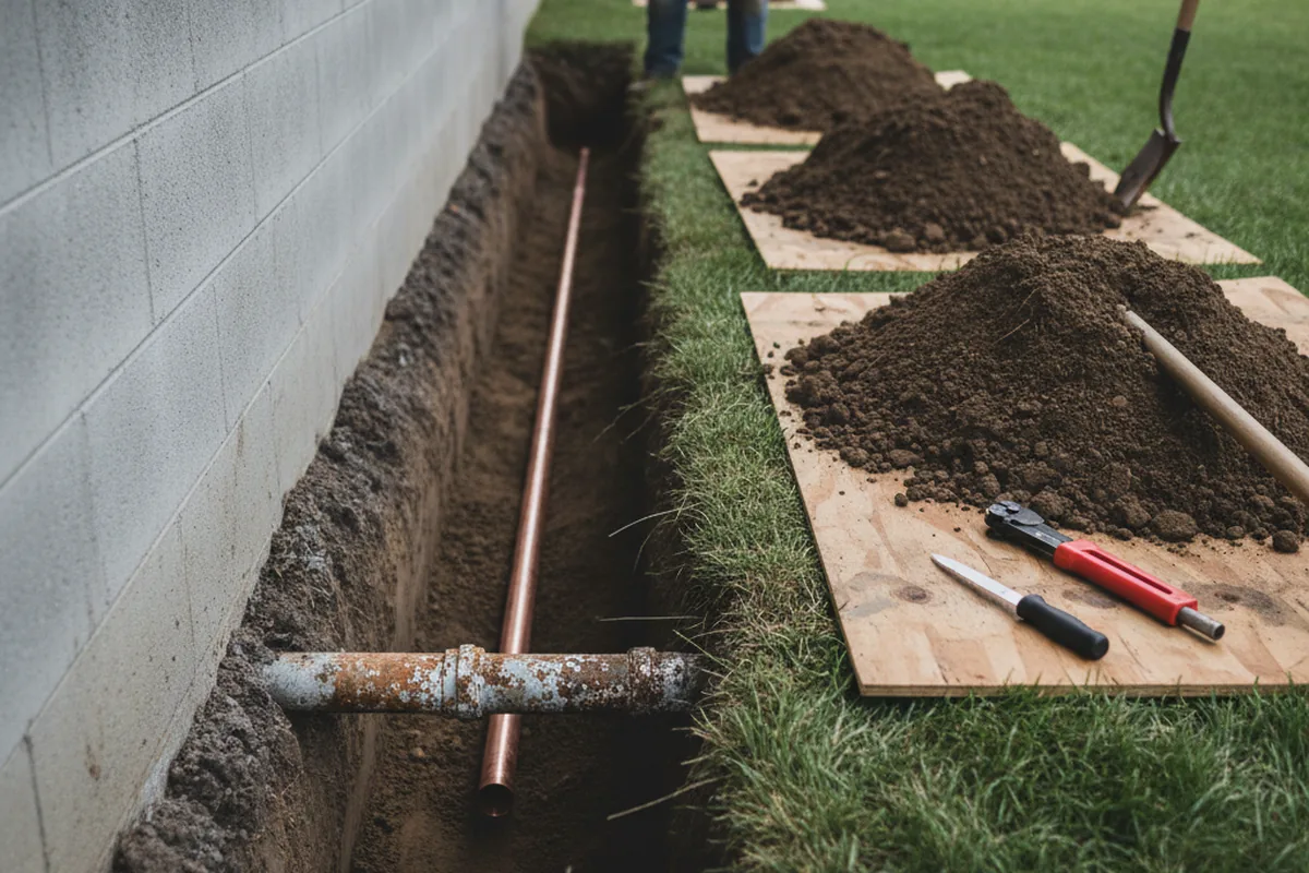 Excavated water line trench during Sewer Line Repair in Chaffee